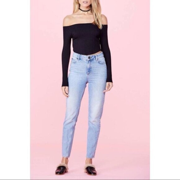 Revolve LNA Off the Shoulders Cropped Top Ribbed Knit Long Sleeve Black Small - Picture 10 of 16